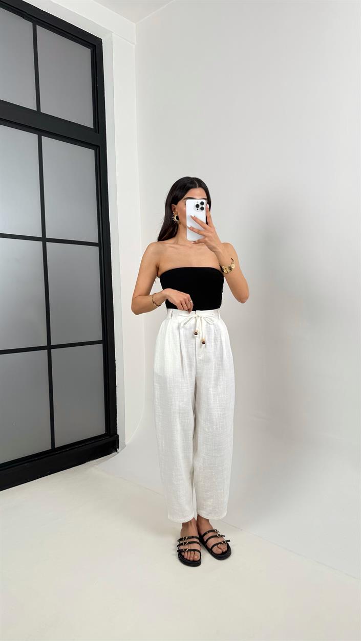Beyaz Cepli Kuşaklı Balon Keten Pantolon Gaus00383