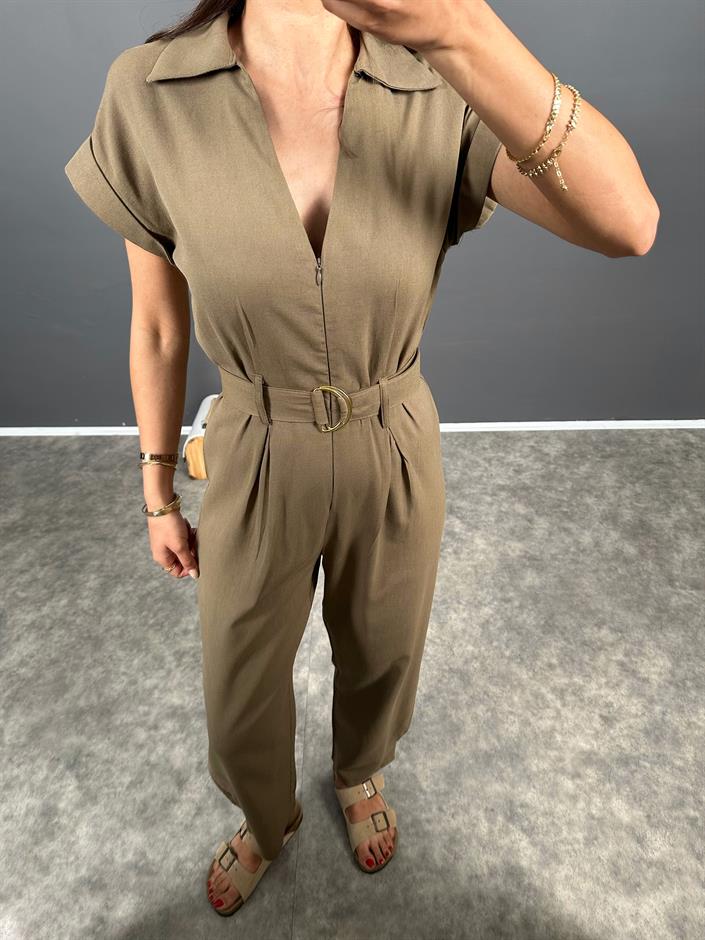 Tatissi Haki Kemer Bağlamalı V Yaka Keten Tulum