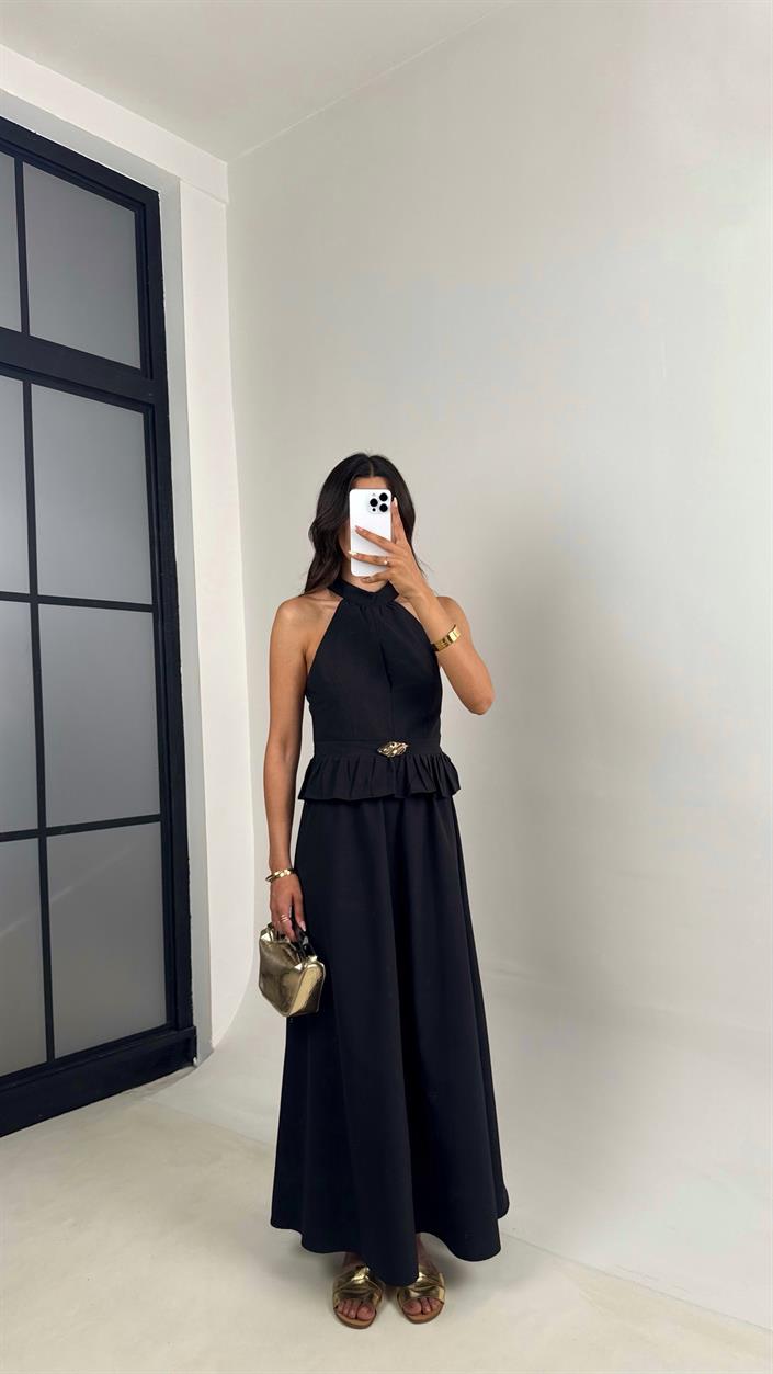 Siyah Gold Toka Detaylı Bluz Beli Lastikli Etek İkili Takım Gaus00678
