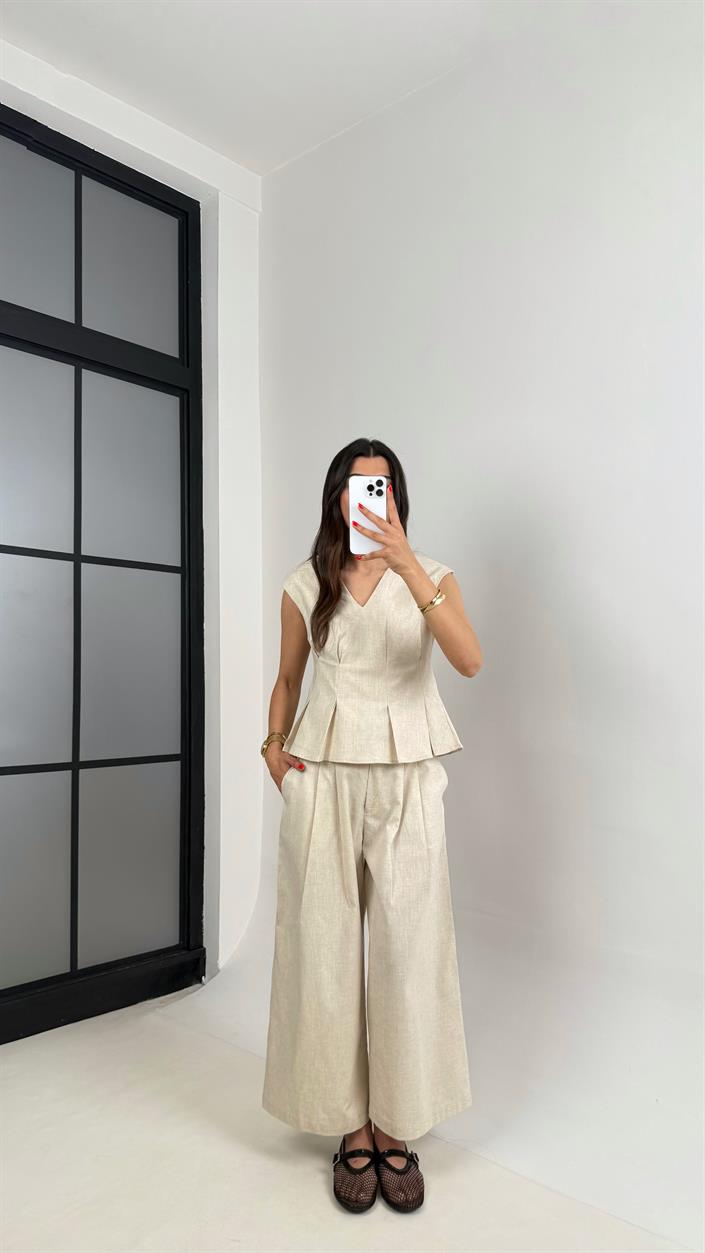 Taş V Yaka Bluz Cepli Pantolon % 100 Ham Keten Takım Gaus00483 