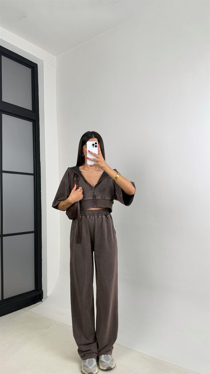 Kahve Yıkama Desenli Kapüşonlu Crop Hırka Beli Lastikli Pantolon İkili Premium Takım GAUS-0063