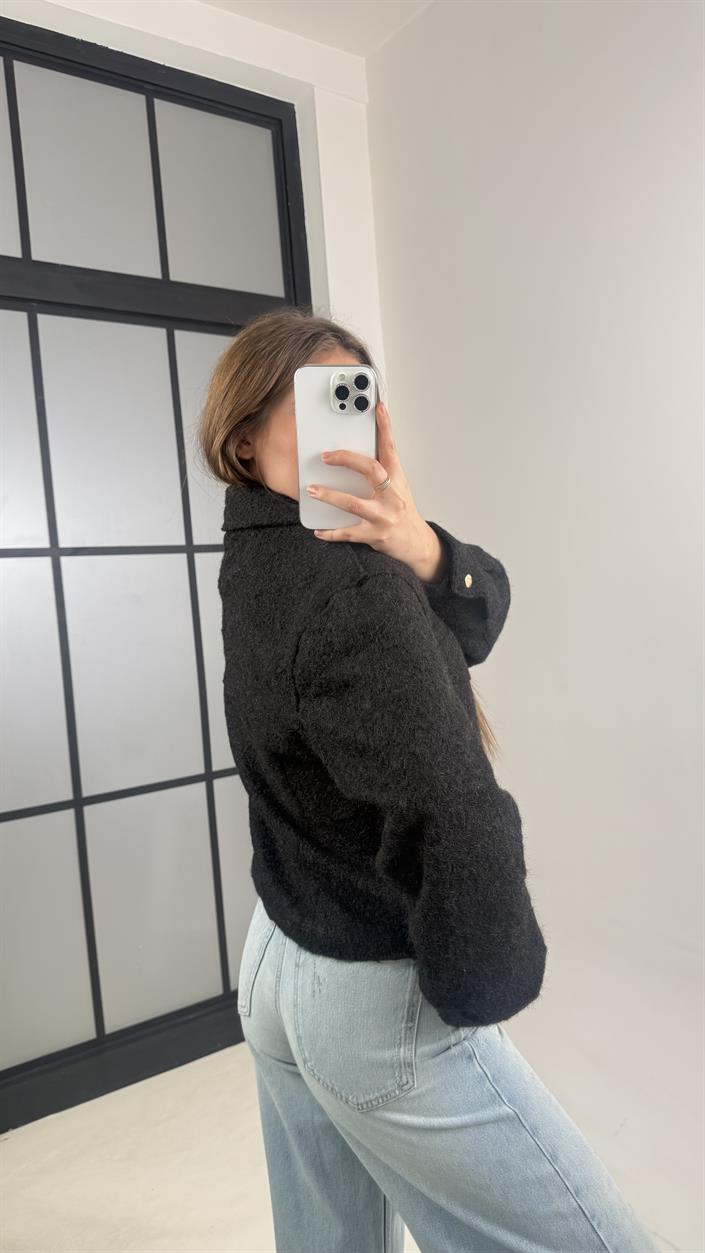 Siyah Astarlı Fermuarlı Muadil Keçe Kumaş Ceket GAUS-00603