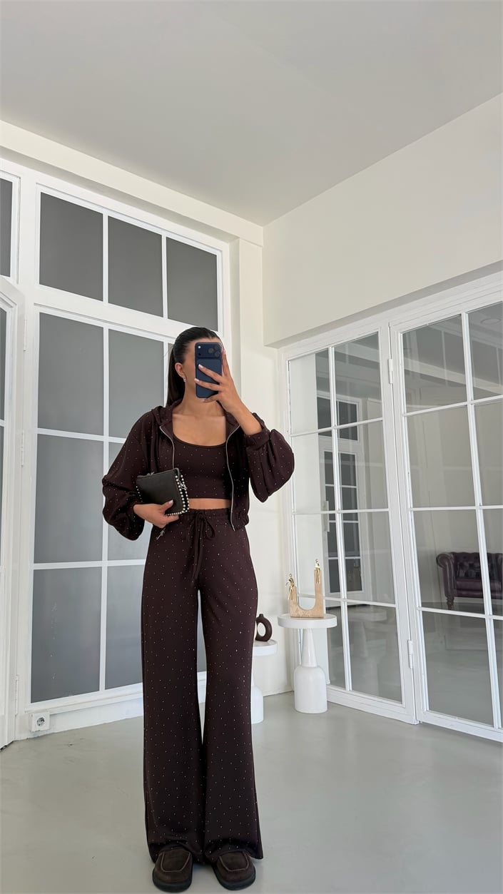 Kahve 3Lü Taş Detaylı Takım GAUS-02124