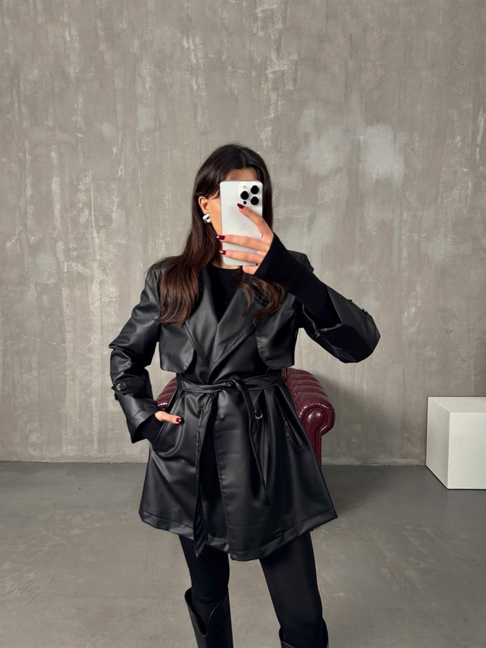 Doris Siyah Astarlı Kuşaklı Deri Orta Boy Trençkot