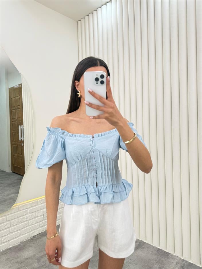 Mavi Balon Kol Önü Düğmeli Fırfırlı Tensel Crop Bluz Gaus00279