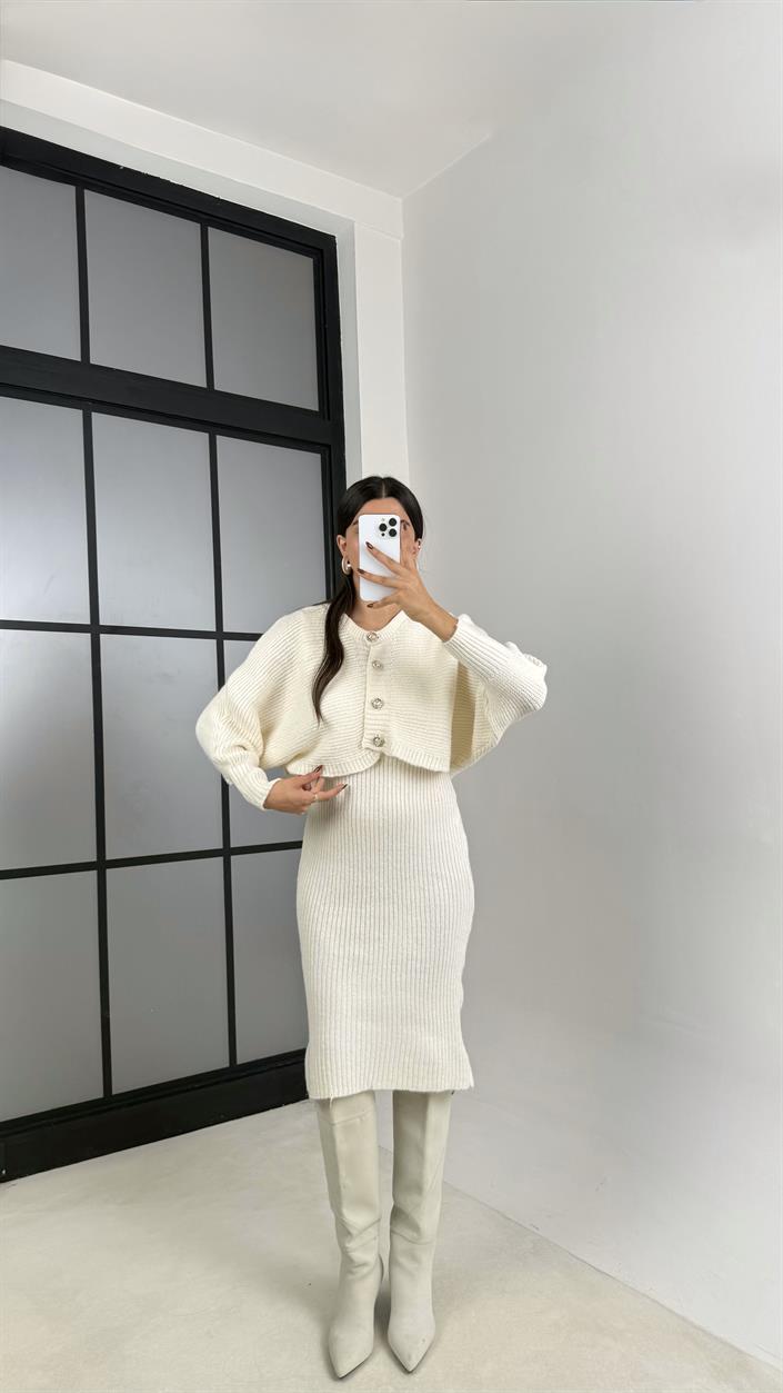 Ekru Hırka Askılı Elbise İkili Triko Takım GAUS-00185