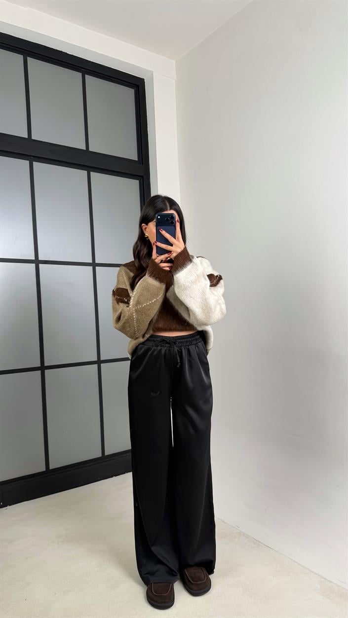 Siyah Beli Lastikli Saten Pantolon GAUS-00696
