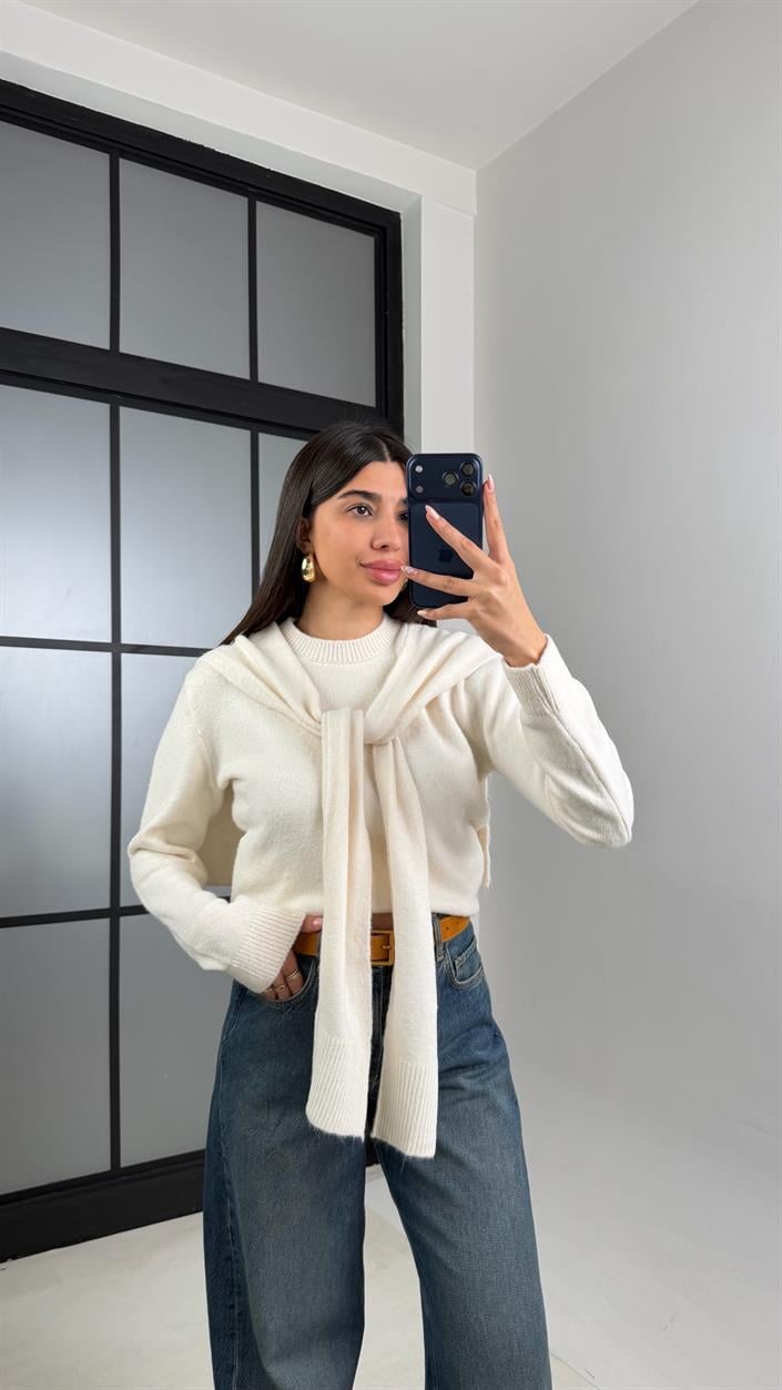 Krem Şal Detaylı Triko Kazak GAUS-00862