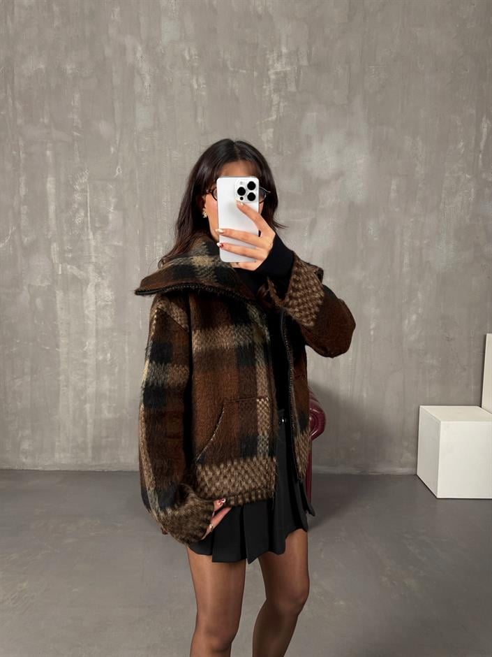 Elena Kahve Ekoseli Fermuarlı Premium Örme Hırka Ceket