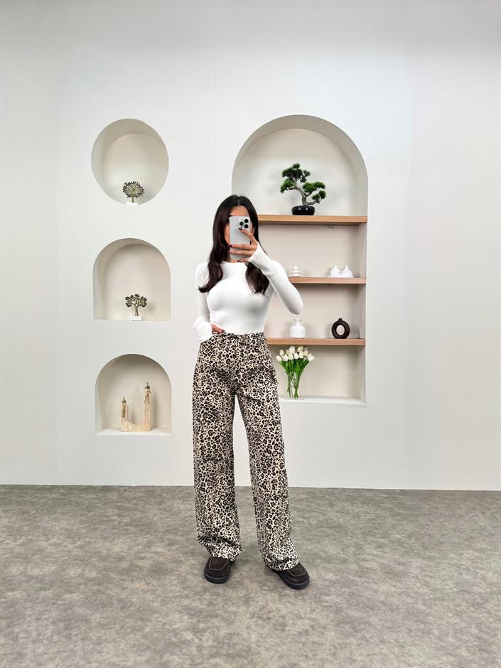 Regan Bej Leoparlı Önden Bağlamalı Pantolon