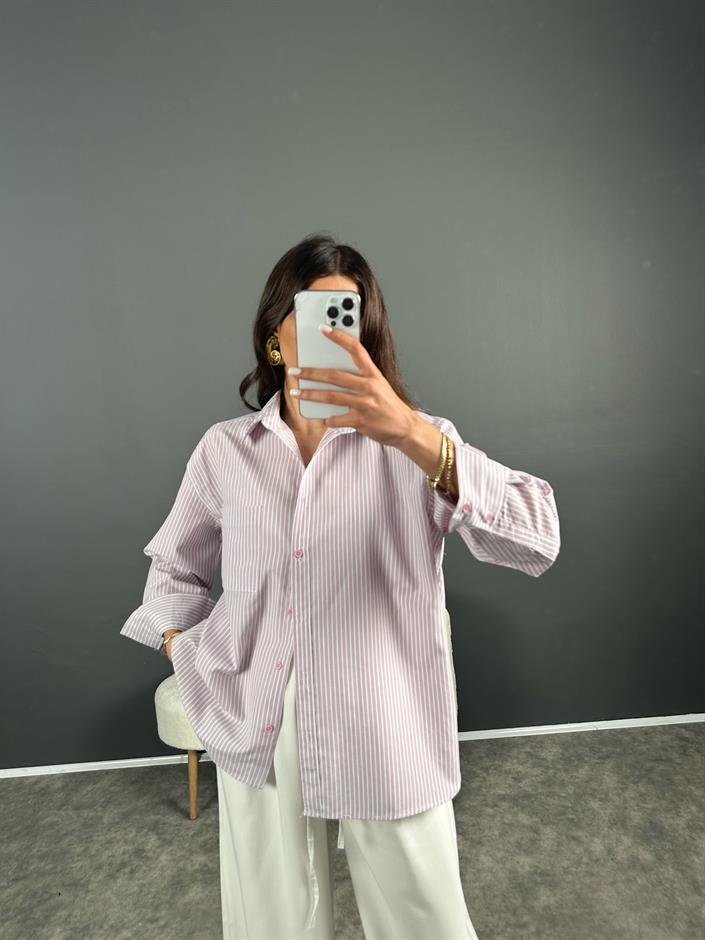 Sonho Pembe İnce Çizgili Oversize Gömlek