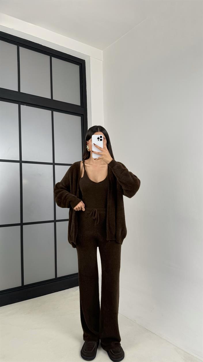 Kahve 3lü Peluş Tüylü Takım GAUS-00441
