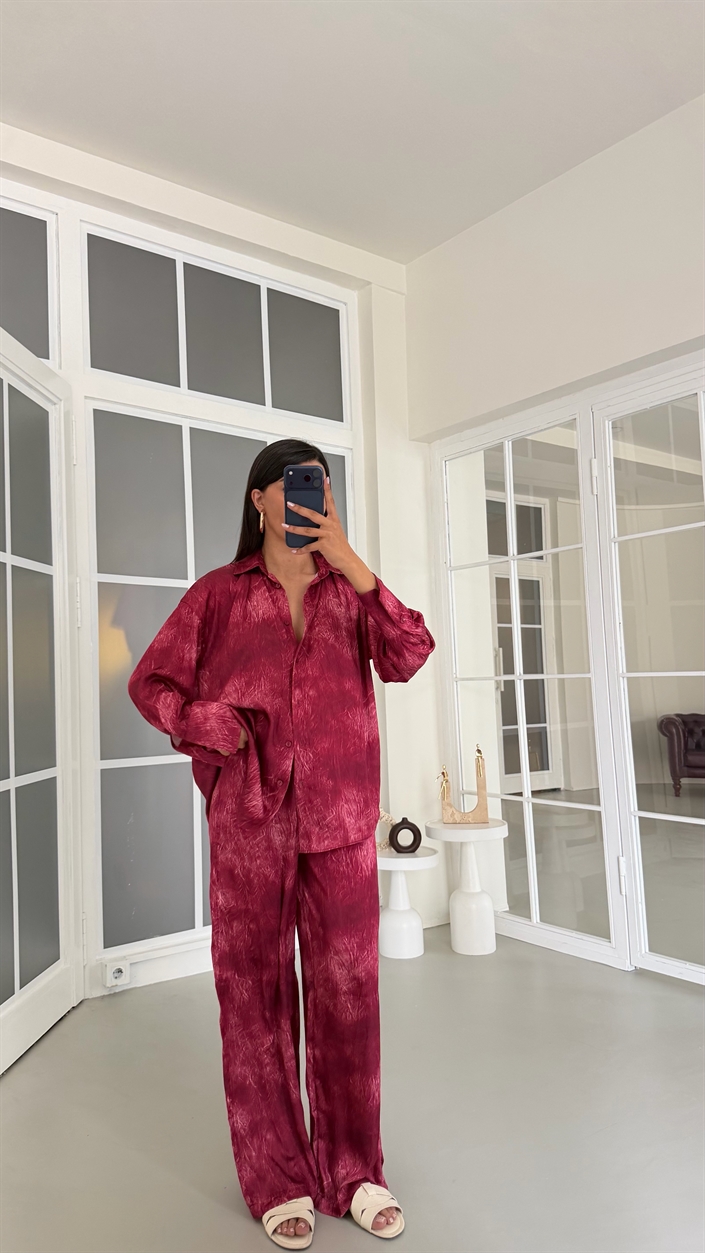 Bordo Gömlek Beli Lastikli Pantolon İkili Desenli Saten Takım GAUS-01754