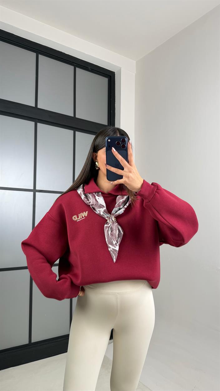 Bordo Şardonlu Fular Detaylı Sweatshirt GAUS-01078