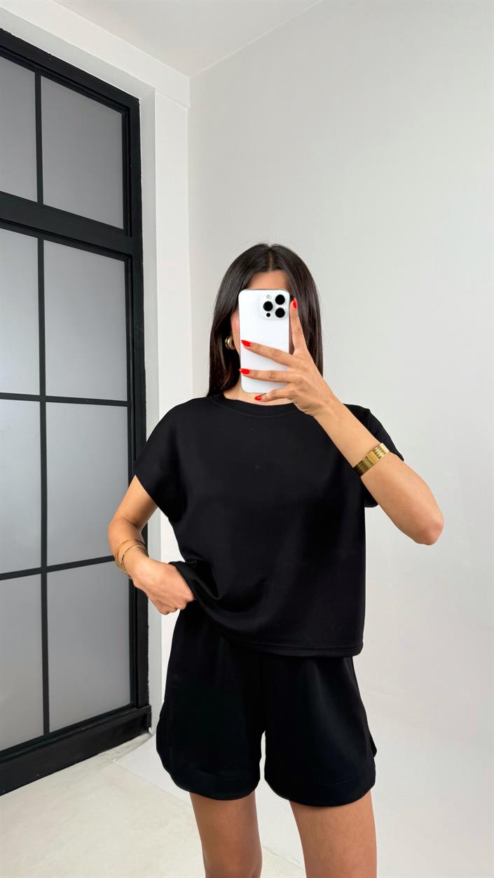 Siyah Tshirt Şort İkili Modal Kumaş Takım Gaus00691