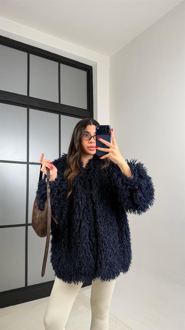 Lacivert Saçaklı Astarlı Premium Kürk GAUS-00931