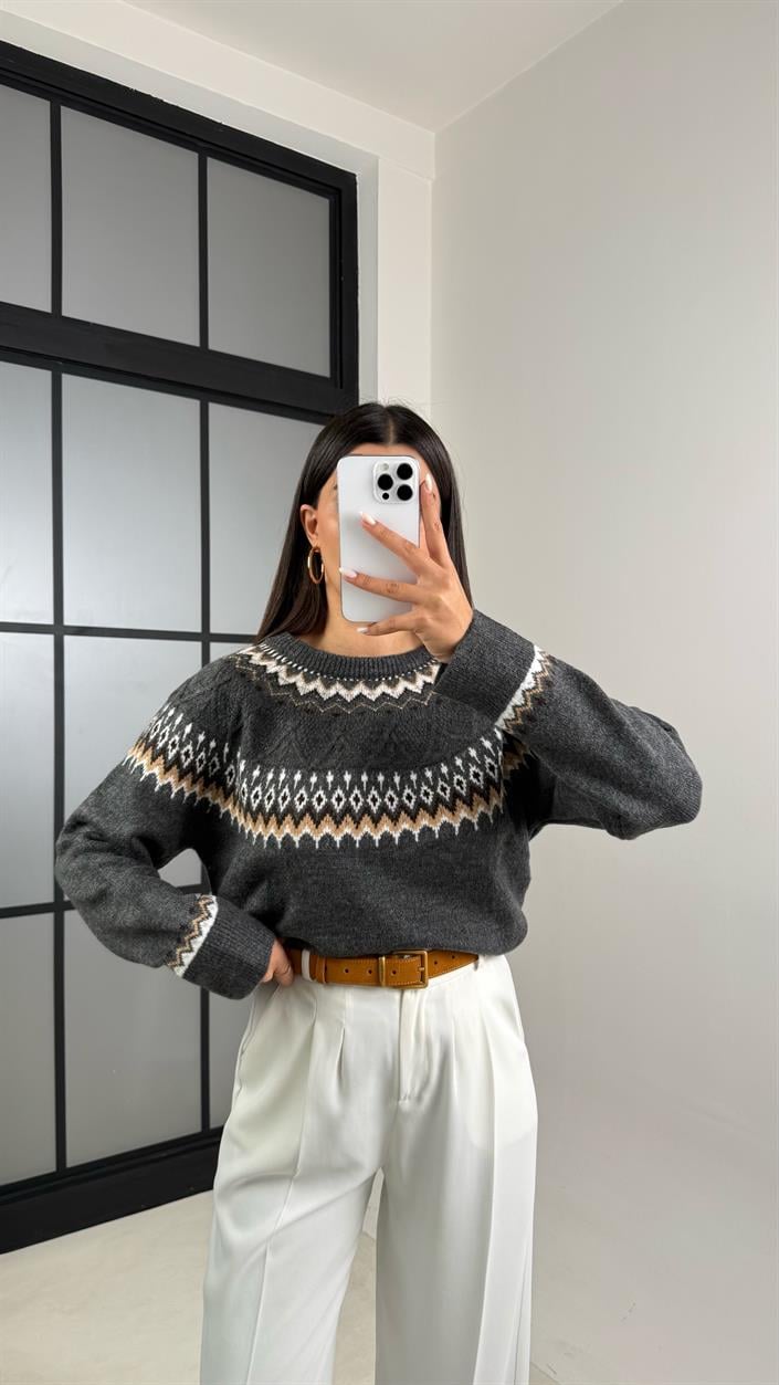 Antrasit Desenli Vintage Triko Kazak GAUS-00494