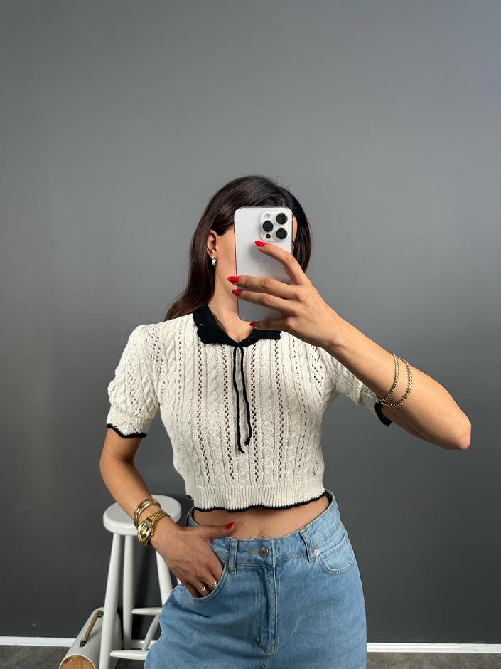 Cao ZR Model Ekru Bebe Yaka Kısa Kol Triko Crop