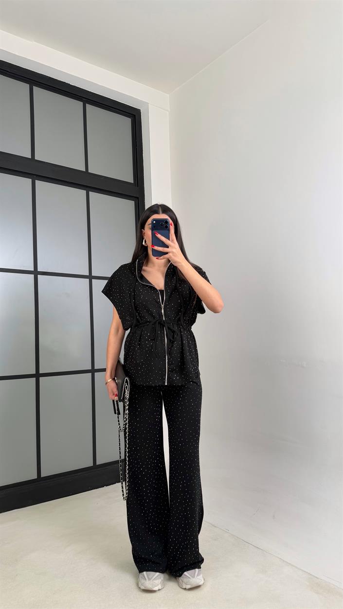 Siyah Beli Lastikli Hırka Pantolon Taşlı Modal Takım GAUS-01064