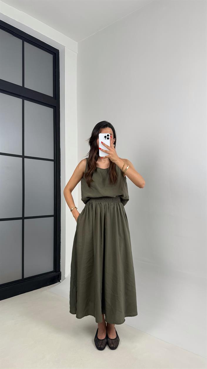 Haki Bluz Beli Lastikli Etek İkili Kırışık Tencel Takım Gaus00522