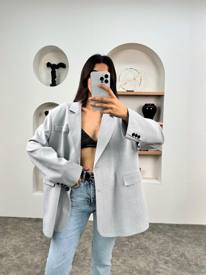 Pecho Açık Gri Astarlı Blazer Ceket