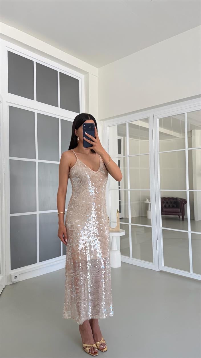 Bej Ayarlanabilir Askılı Astarlı Pullu Elbise GAUS-01684