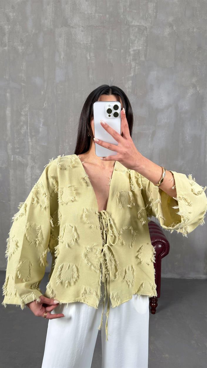 Yeşil Zenit Püskül Detaylı Bağlamalı Keten  Gömlek GAUS-01147