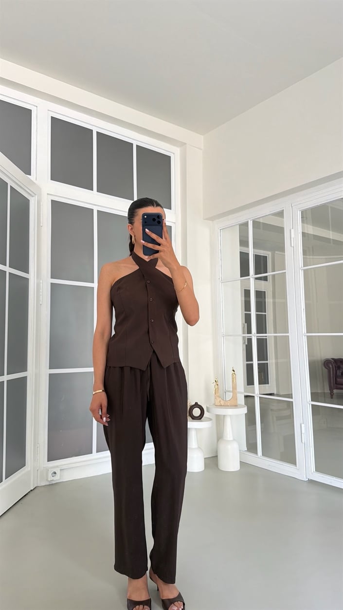 Acı Kahve Halter Yaka Yelek Beli Lastikli Pantolon Muadil Takım GAUS-01770