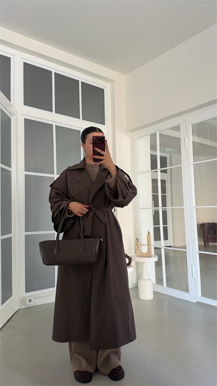 Kahve Yırtmaç Detaylı Astarlı Kuşaklı Premium Trençkot GAUS-02246