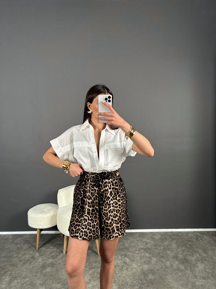 ZR Model Leoparlı Beli Lastikli Cepli Şort 
