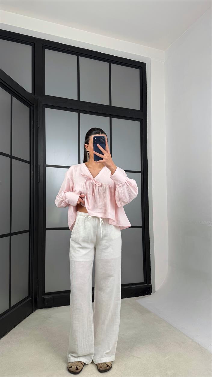 Beyaz Astarlı Beli Lastikli Müslin Pantolon GAUS-01149