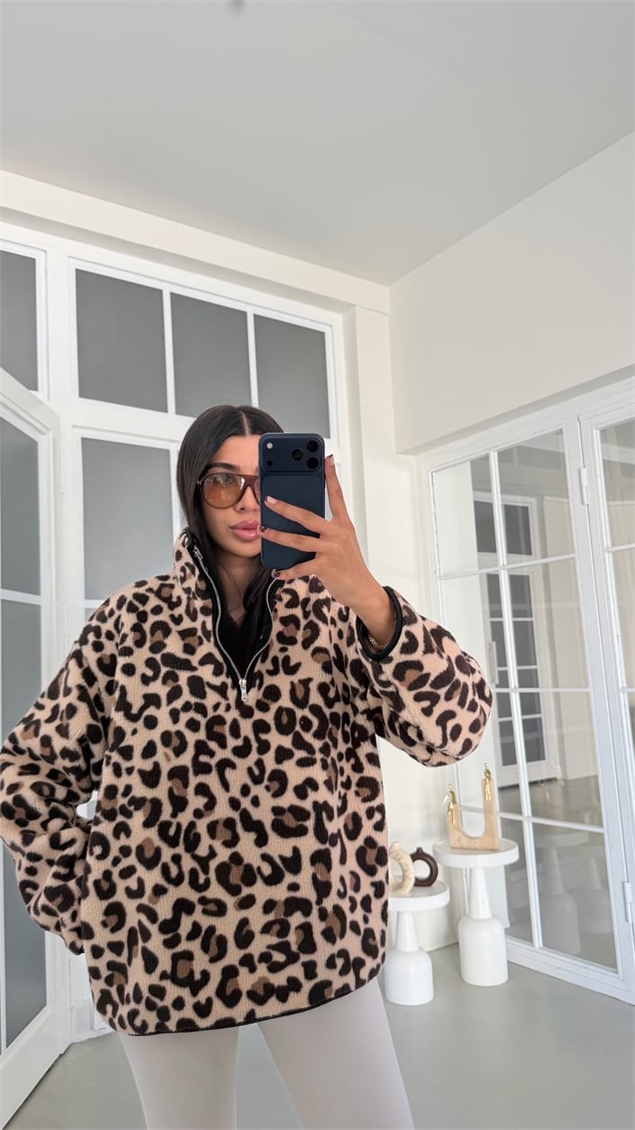 Leopar Desenli Yarım Fermuarlı Polar Sweatshirt GAUS-01916 GAUS-01925
