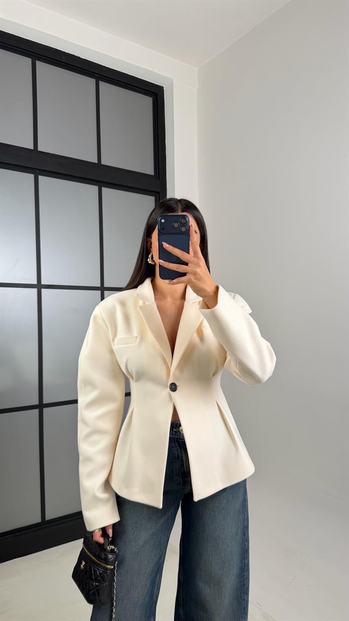 Krem Astarlı Belden Oturtmalı Premium Kaşe Ceket GAUS-00773