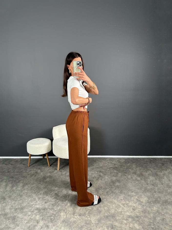 Nia Kahverengi Keten Beli Lastikli Pantolon