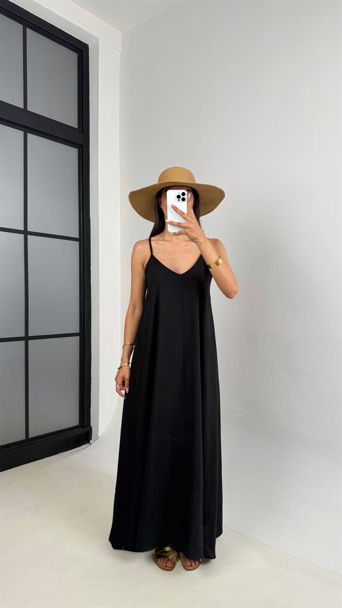 Siyah Ayarlanabilir Askılı Astarlı Tencel Elbise Gaus00690