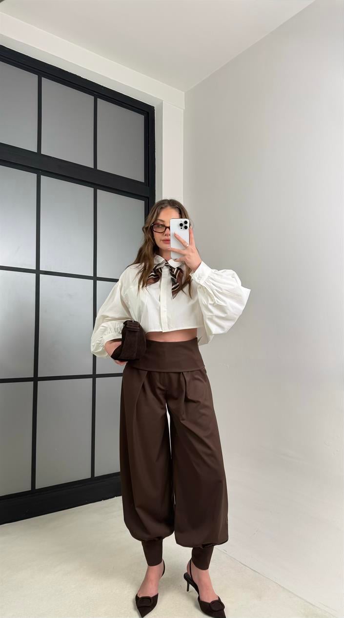 Acı Kahve Kuşaklı Tasarım Şalvar Pantolon GAUS-01118