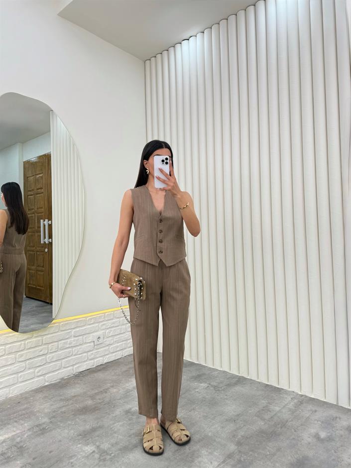 Kahve Yelekli Beli Lastikli Pantolon İkili Keten Takım Gaus00276