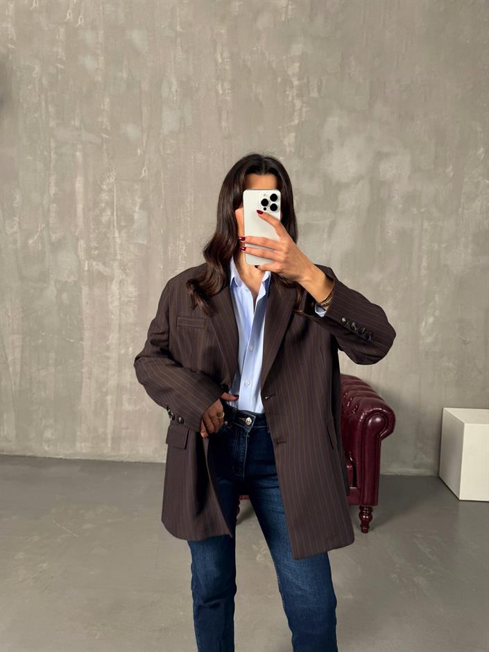 Anna Kahve Çizgili Astarlı Blazer Ceket