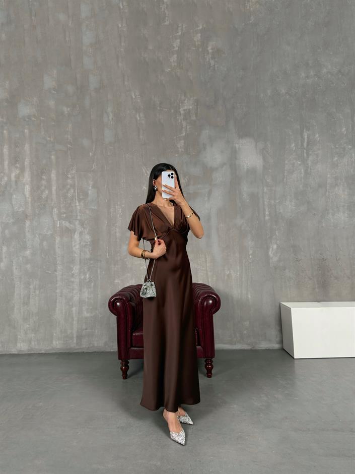 Kahve V Yaka Saten Elbise Gaus00125