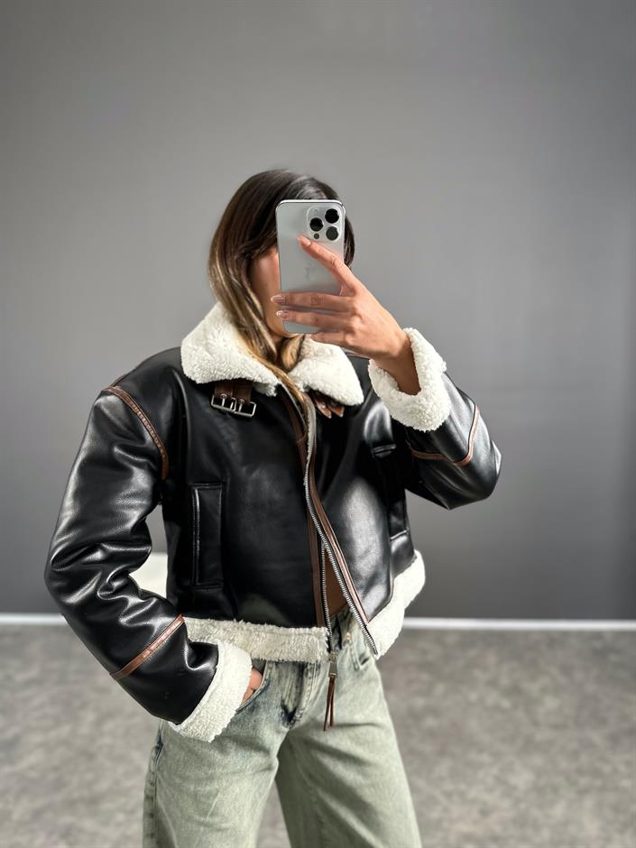 Jaden Siyah Deri Kürklü Biker Mont 