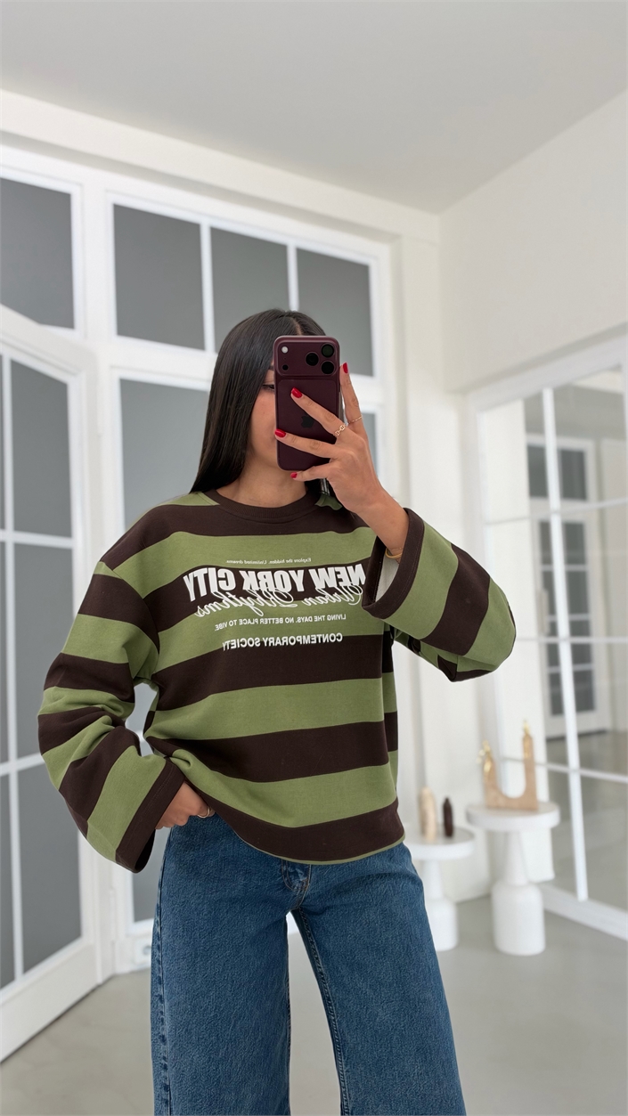 Yeşil Şeritli Baskılı Sweatshirt GAUS-02121 GAUS-02311