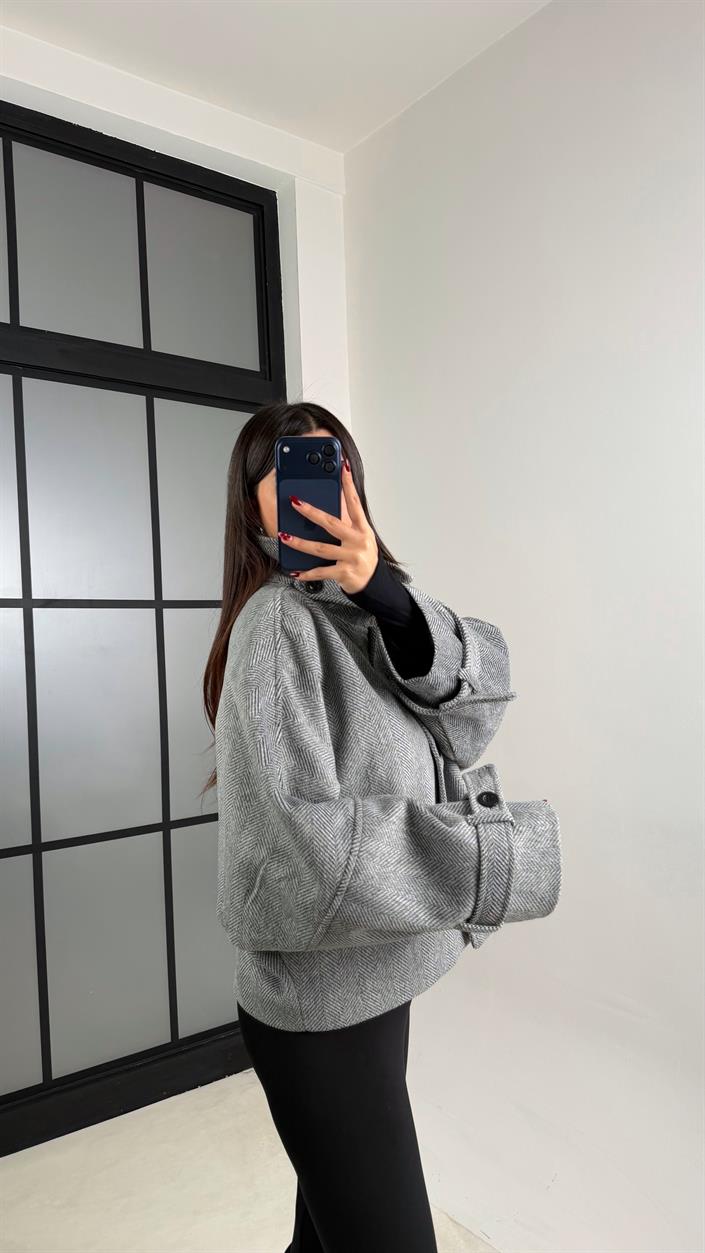 Gri Dik Yaka Balıksırtı Astarlı Kaşe Ceket GAUS-00738