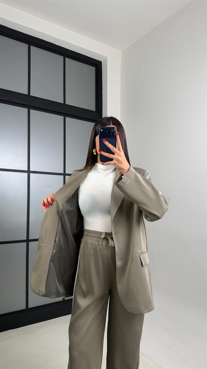 Açık Yeşil Astarlı Vatkalı Blazer Ceket Beli Lastikli Pantolon Şerit Detaylı Tencel Kumaş Takım GAUS-00934