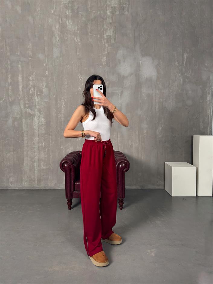 Brow Bordo Üç İplik Şardonsuz Fermuar Paçalı Eşofman Altı