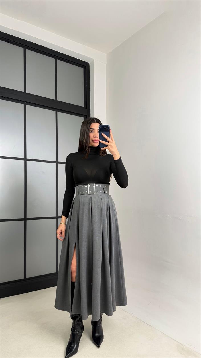 Gri Yırtmaçlı Kemerli Pinterest Etek GAUS-01068