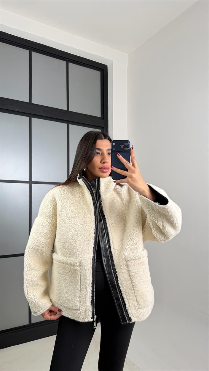 Ekru Deri Astarlı Cep Detaylı Peluş Ceket GAUS-00684
