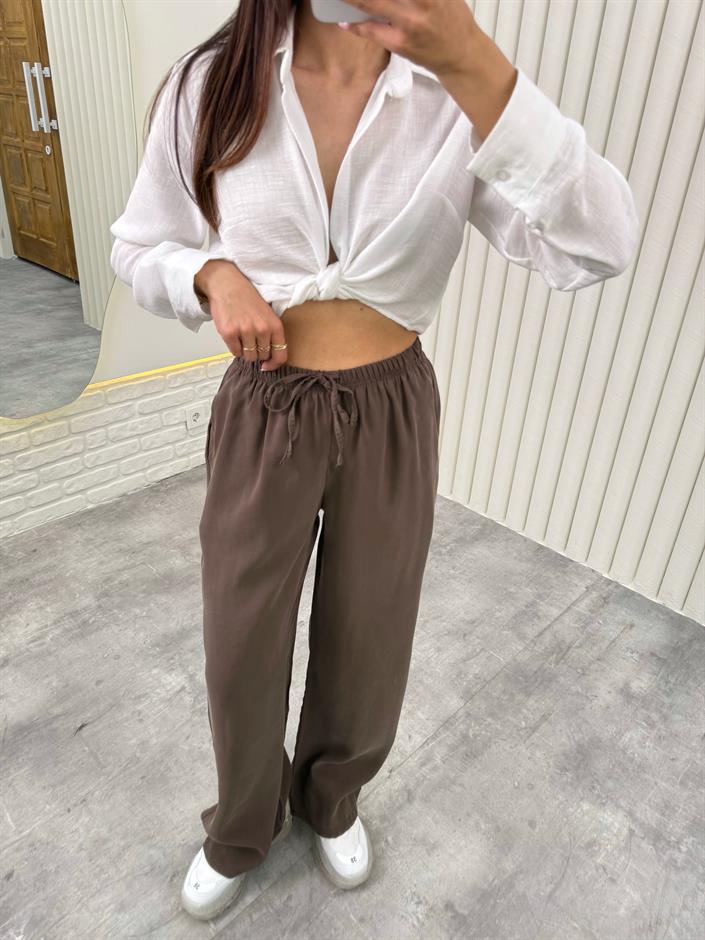 Kahve Beli Lastikli Cepli Tensel Pantolon Gaus314