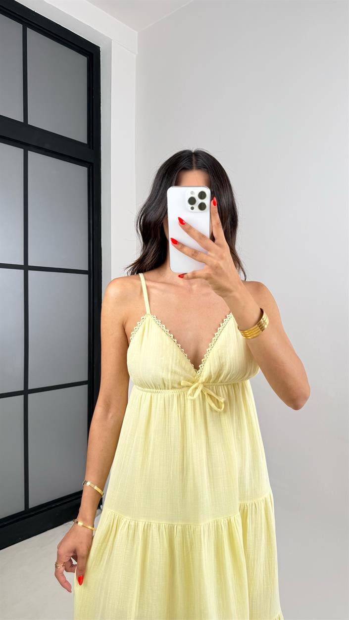 Sarı Ayarlanabilir Askılı Dantel Detaylı Müslin Elbise GAUS-001