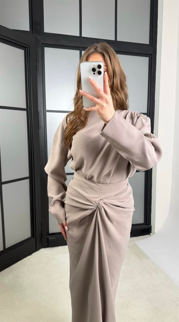 Vizon Drape Detaylı Etek Bluz Tencel Takım GAUS-01176
