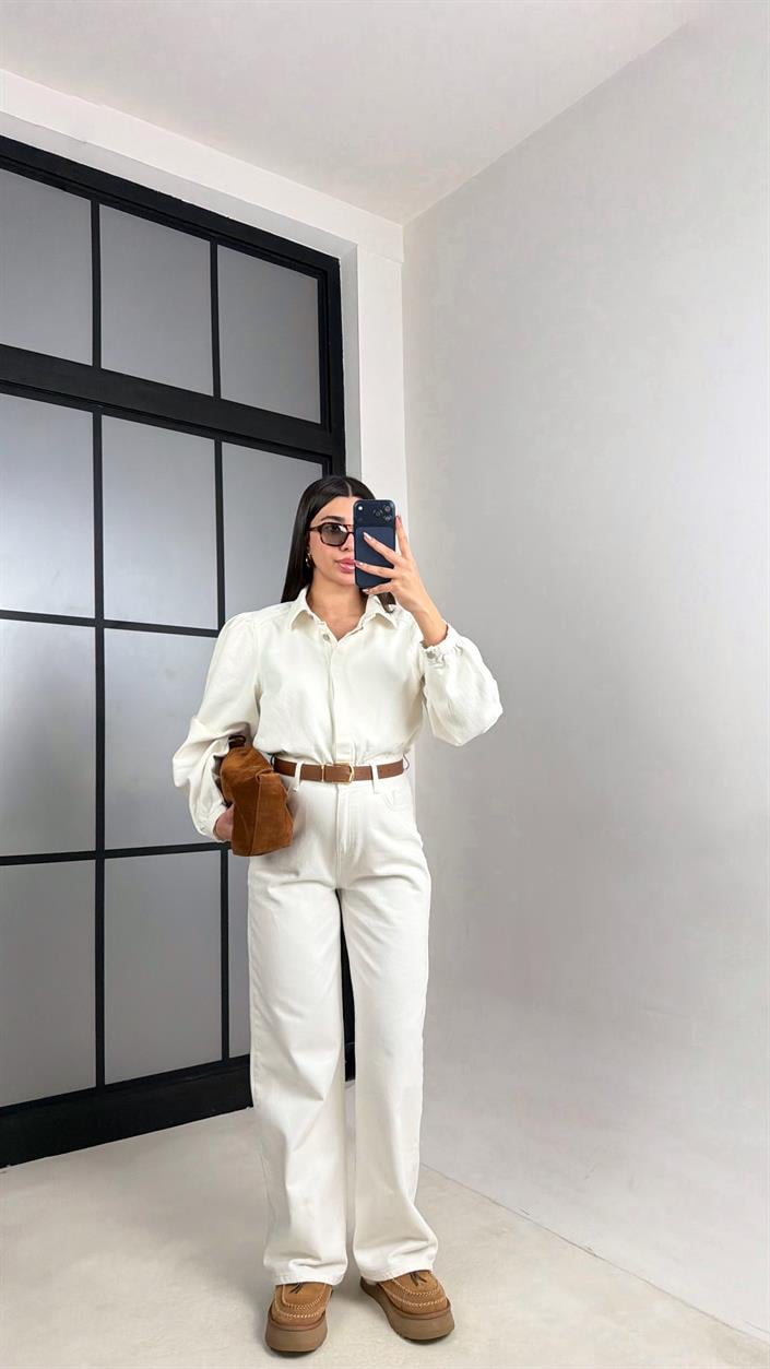 Ekru Kemerli Premium Denim Tulum GAUS-00673